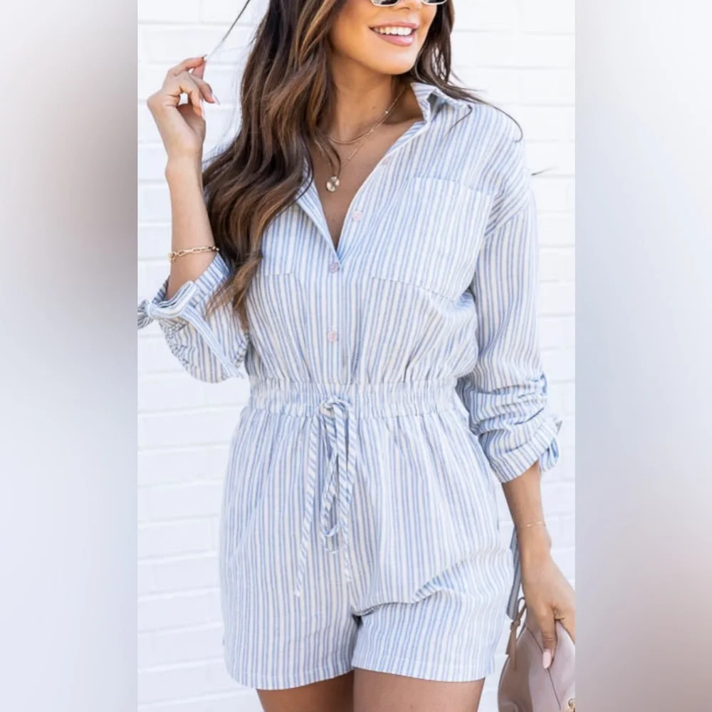 Pink Lily Should’ve Said Blue Stripe Collar Romper - Picture 1 of 15